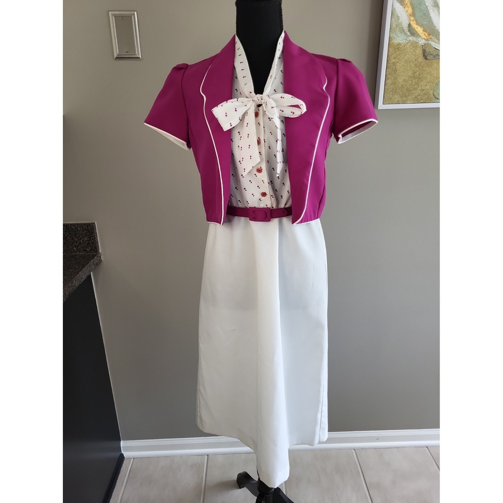 Vintage 1970s IMI New York Dress 6P Jacket Belt Neck Bow Secretary Mod Pink